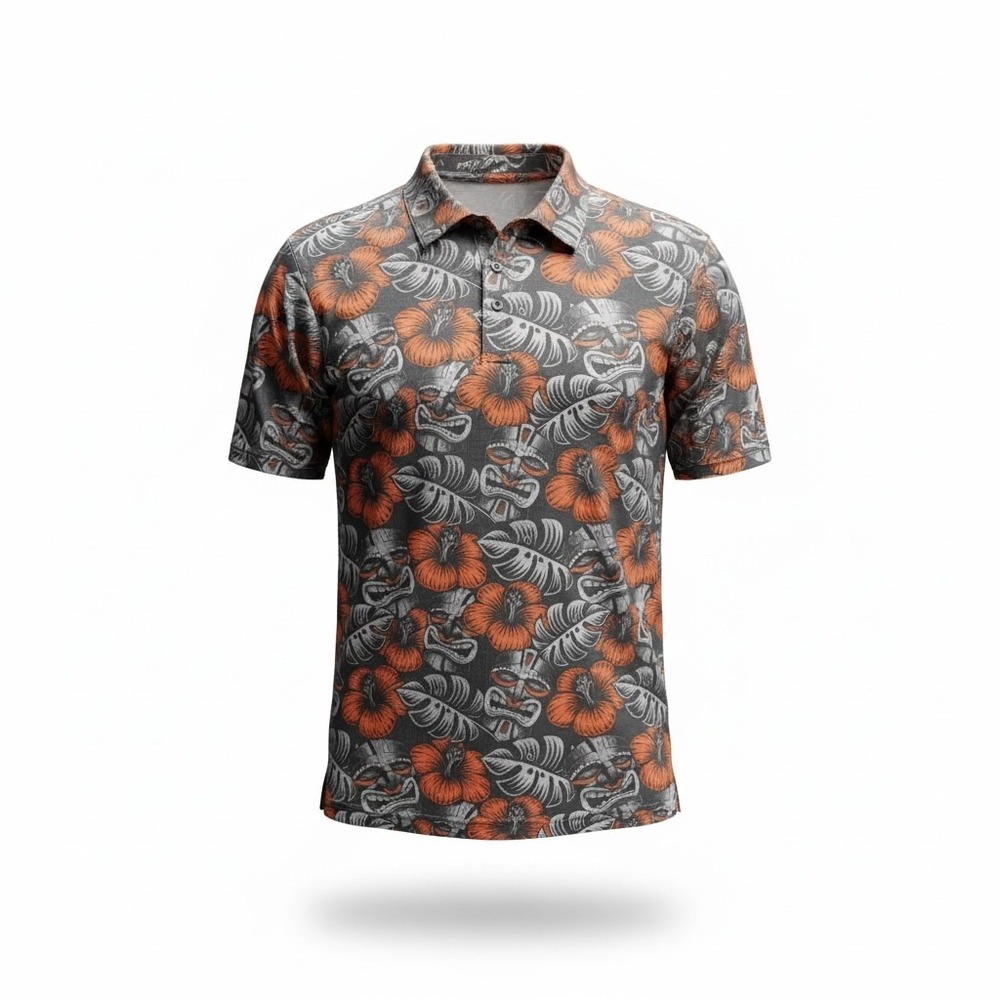 Druids‎ Golf Polo Shirt Mens 2XL Orange Tiki Hibiscus Floral Short Sleeve NWT